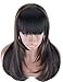 Kalyss Heat Resistant Yaki Human Hair Blended Wig with Hair Bangs Long Straight Layered Black Wigs with Brown Highlights Natural Looking Centre Parting Hair Replacement Wigs for Women