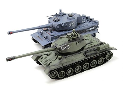 s-idee® 01919 2 x Battle Tank, 1:28 German Tiger T-34 with Integrated Infrared Combat System, 2.4 GHz R/C Remote Controlled Tank, Chain Vehicle 1:24, New 99824