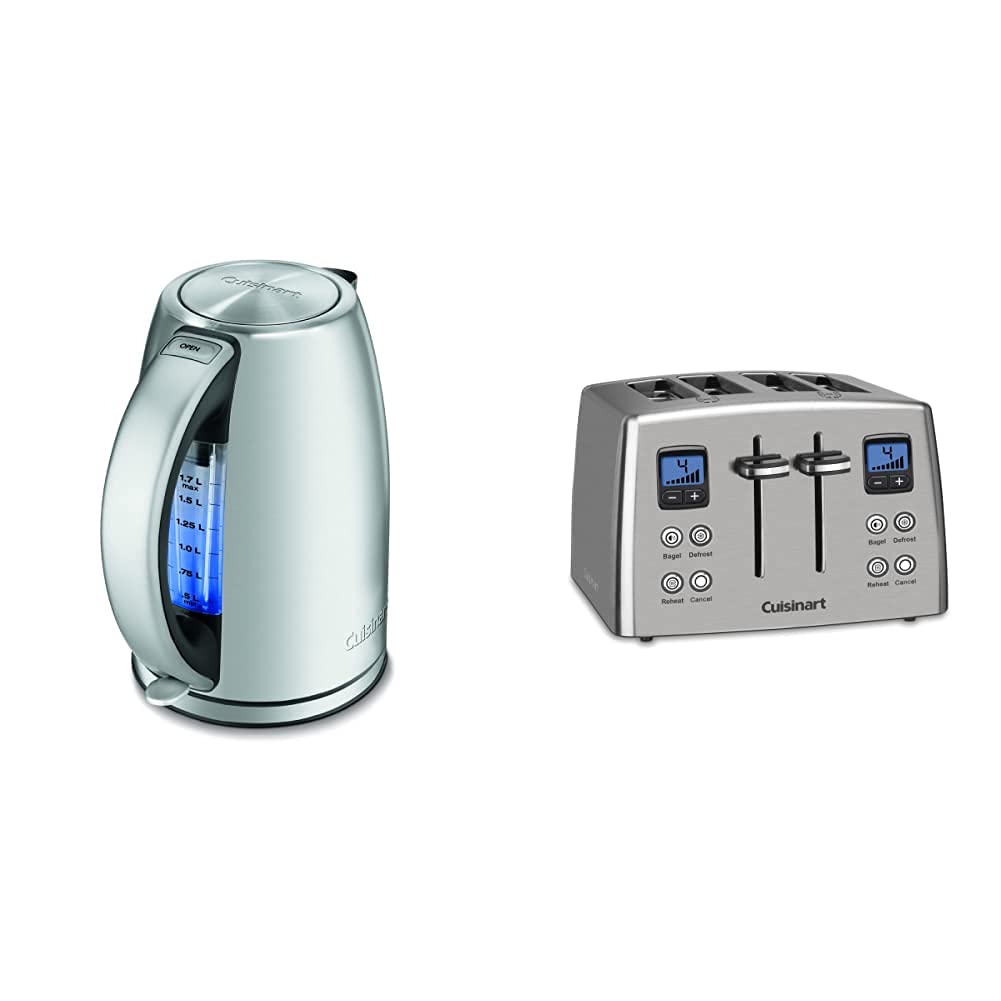 Cuisinart JK-17P1 Hervidor eléctrico inalámbrico, 1,7 litros, acero inoxidable y tostadora motorizada con cuenta regresiva de 4 rebanadas CPT-435P1, acero inoxidable