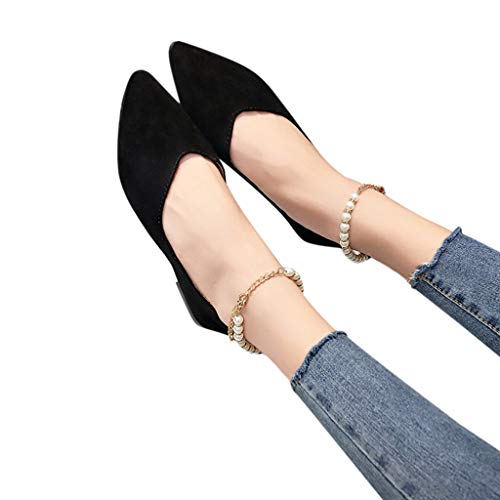 Todaies Women Ladies Fashion Solid Pointed Toe Pearls String Bead Buckle Single Shoes