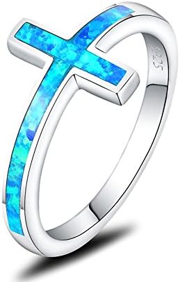 Mozume Created Blue Opal Christian Sideways Cross Ring 925 Sterling Silver