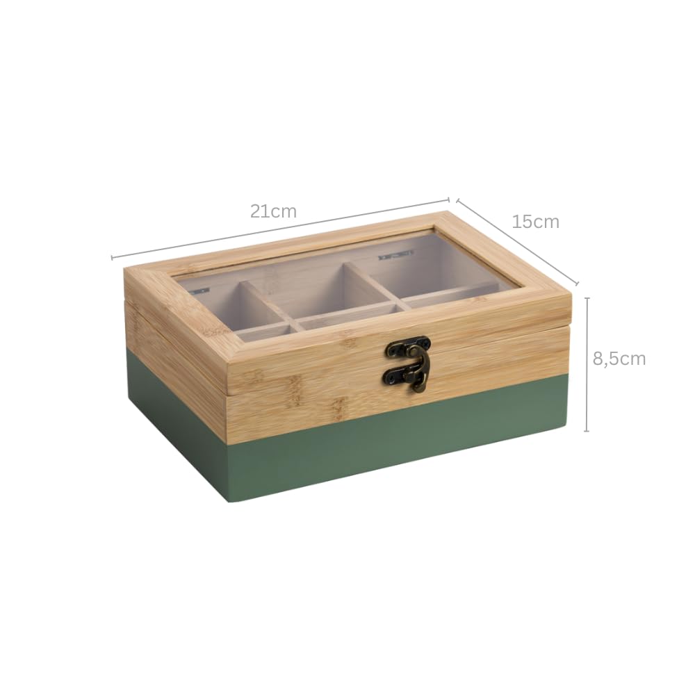 Kesper® | Tee-Box, Material: FSC®-zertifizierter-Bambus – 6 Fächer – mit Sichtfenster & Retro-Verschluss – Teebox zur Aufbewahrung, Maße: 21,5x15x8,5 cm – ohne Tee, Farbe: Grün-Natur | 58941 3
