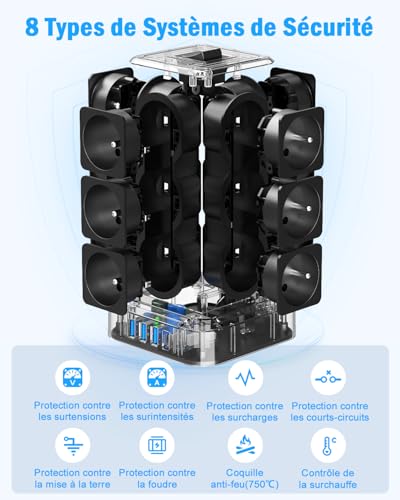 TOPREK Power Strip Tower with 12 French AC Sockets and 1 USB C (20W PD3.0) and 3 USB A and 2 M Electric Extension Cable and 1 Switch, 4000W/16A, Surge Arrester Power Strip for Office and Home, Black