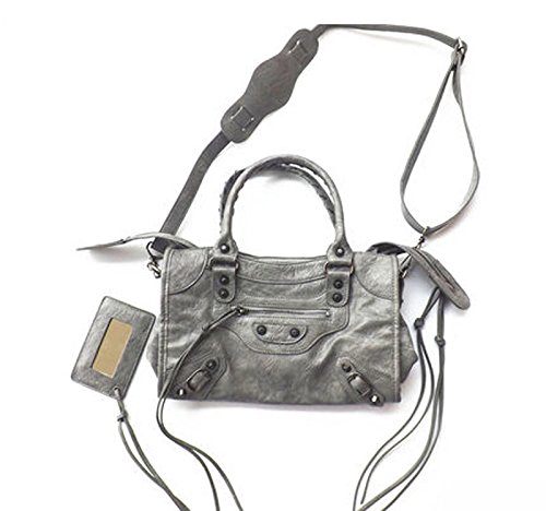 Gold-Tech Women Leather Black Studed Mini Motorcycle Bags Tassel Shoulder Cross-body Bags 8 Colors (30cm Length, Gray)