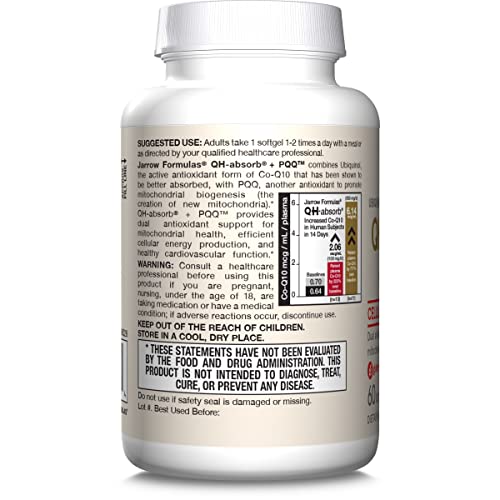 JARROW FORMULAS® QH-ABSORB® + PQQ, DIETARY SUPPLEMENT, ANTIOXIDANT SUPPORT FOR MITOCHONDRIAL BIOGENESIS, CELLULAR ENERGY PRODUCTION AND CARDIOVASCULAR HEALTH, 60 SOFTGELS, 60 DAY SUPPLY