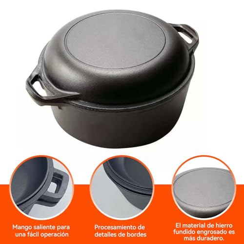 2 En 1 Horno Holandés Hierro Fundido con Tapa,4.7L Olla Holandesa Redonda,Doble Función Horno Espesado,con Mango Y Almohadilla de Silicona,para Varias Estufas,Se puede freír o saltear,Diámetro 26cm