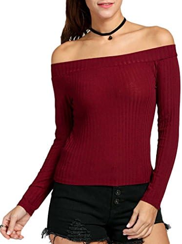 Women Solid Slim Fitted Off the Shoulder Long Sleeve Blouse Top T Shirt Wine Red