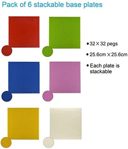 DunnsHome 10" x 10" Stackable Thick baseplates for Bricks Building, Compatible with Major Brands. Pack of 6 Boards (6 Boards - red, Blue, Pink, Blue, Yellow, White)