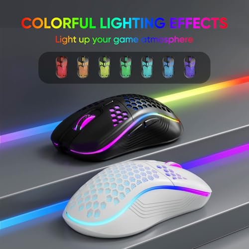 Uniiking® Wireless Gaming Mouse Honeycomb 2.4G USB Cordless Mouse RGB Rechargeable PC Game Mice with 7-Color LED Lights，3 Adjustable DPI for Windows Laptop Desktop Computers -White