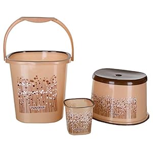Nayasa Funk Square Plastic DLX Bucket, Mug, Stool Bathroom Set (Brown, 3 Pcs, 1.5L)