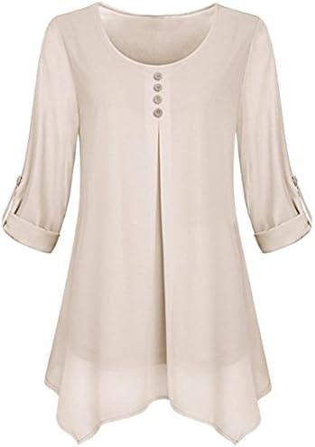 Women Long Sleeve Chiffon Flowy Plain Top Roll-up Round Neck Layered Blouse