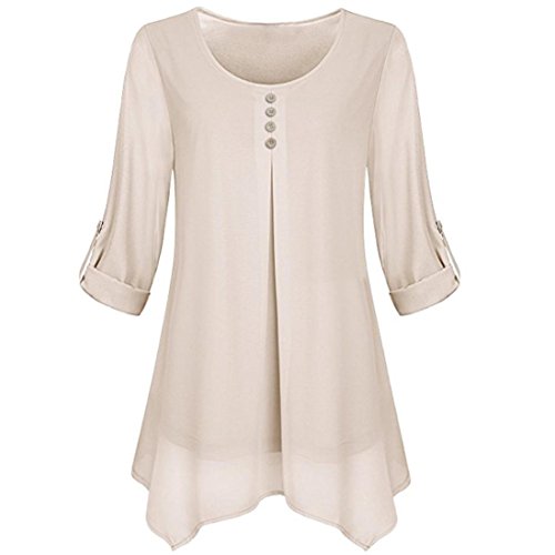 Women Long Sleeve Chiffon Flowy Plain Top Roll-up Round Neck Layered Blouse