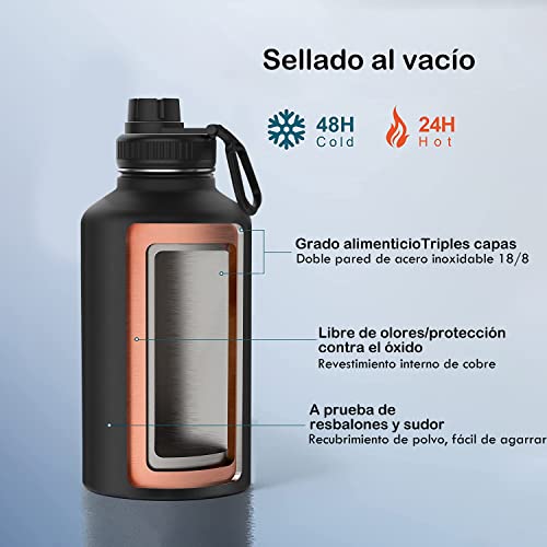 1920ml/64oz Termo de Acero Inoxidable,Termo de Agua con 2 Tapas y con chaqueta de aislamiento, Doble Pared y Tapa Hermética Antigoteo, ara Agua Fría (24 horas) o Caliente (12 horas).