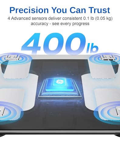 GE Smart Scale for Body Weight: BMI Body Metrics Digital Bathroom Scales, 13 Body Composition Monitor for Home Gym, Bluetooth App Sync, Accurate 400lb Weighing, Black 11inch