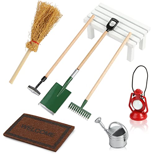 Koogel Miniatur Puppenhaus Set, 8 Stücke Miniatur Gartengeräte Set Puppenhaus Garten Zubehör Gießkanne Rake Schaufel Bank Ornament für Weihnachten Wichteltür Deko