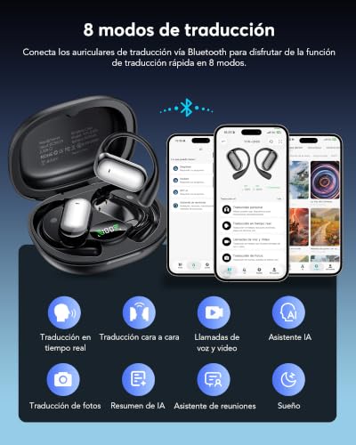 Pviwzux AI Auriculares Traductor en Tiempo Real, 8 Modos Traducción con 198 Idiomas, 3 en 1 Auriculares Traductores de Idiomas, 60H Cascos Oreja Abierta Bluetooth 6.1 para Viajes, Reuniones Negro