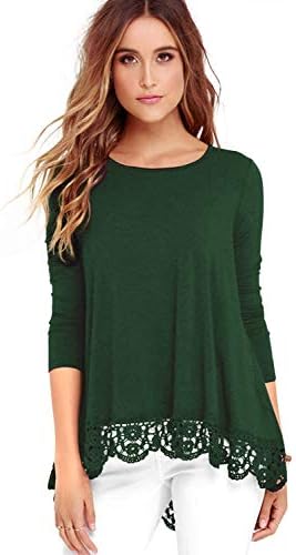 detimi Women Lace Long Sleeve O-Neck A-Line Tunic Loose Blouse