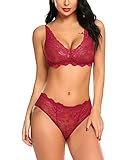 wearella Women's Lace Lingerie Bra and Panty Set Strappy Babydoll Bodysuit Red