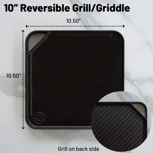 Backcountry Iron Single Burner Reversible Square Grill/Griddle, 10 Inch PreSeasoned Cast Iron