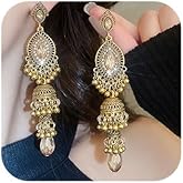 Missgrace Boho Indian Dainty Rhinestone Crystal Dangle Teardrop Long Earrings for Women Vintage Retro Chandelier Earrings Beaded Crystal Jhumka Jhumki Tassel Studs Traditional Silver Gold-Plated Earrings for Women