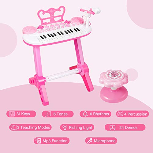 TWFRIC Toy Piano Keyboard for Kids with Microphone, 31-Key Electronic Musical Instrument Piano Toy Keyboard with Music Stand and Stool for Kids Birthday Christmas Day Gifts