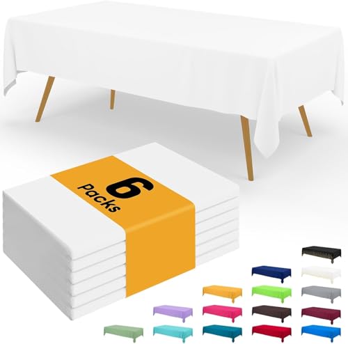 Homaxy Disposable Table Cloth - 6 Pack, Waterproof Plastic Tablecloths Wipe Clean, Decorative Rectangle Leakproof Table Cover for Parties Outdoor, 137 x274 cm, White