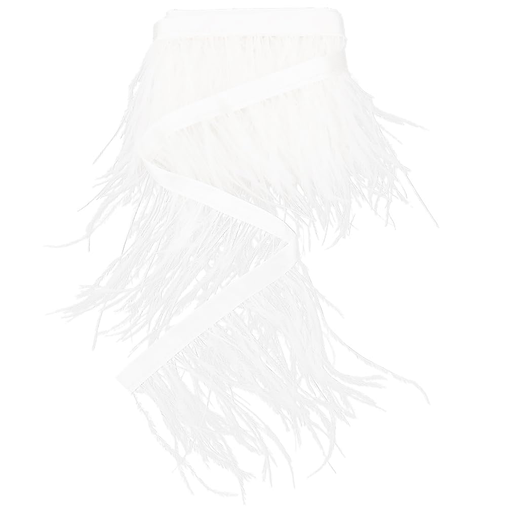 GORGECRAFT 2m*(8~10cm) Ostrich Feather Trim Fringe Ribbon Tassel Lace Edge Trimming with Cloth Band Latin Dress Accessories for Sewing DIY Wedding Crafts Costumes Curtain Christmas Party Decor White
