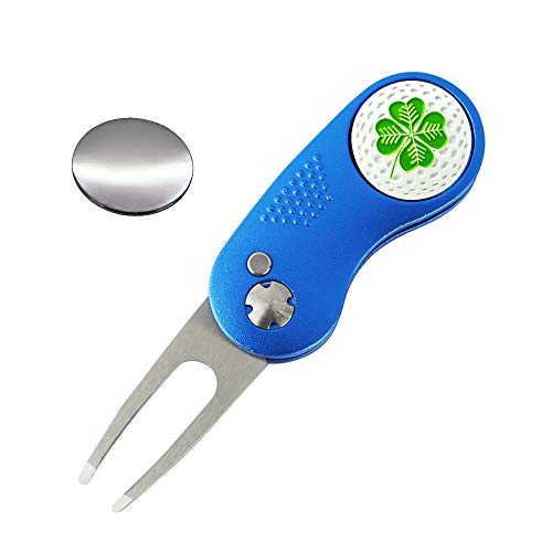 Myartte Golf Divot Repair Tool,Foldable Divot Tool, Stainless Steel Switchblade with 2 PCS Detachable Golf Ball Marker Pop-up Button (Blue Clover)