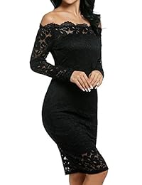 BEAUTYTALK Vestido de encaje con hombros descubiertos para mujer Vestidos de novia de manga larga con cóctel ajustado