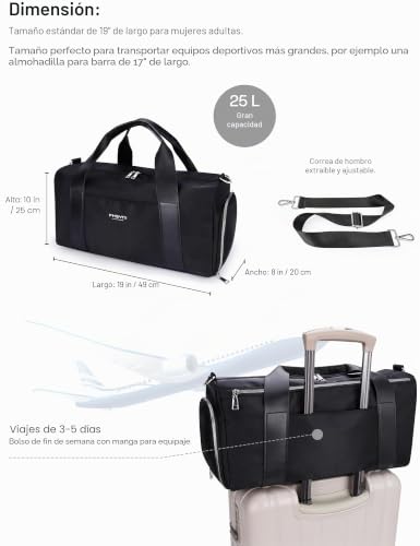 Sports Bag Men and Women for Adults, with Shoe Rack and Wet Pocket – Waterproof Duffle Bag for Fitness, Swimming and Travel (Black, 49 x 20 x 25 cm/25L)