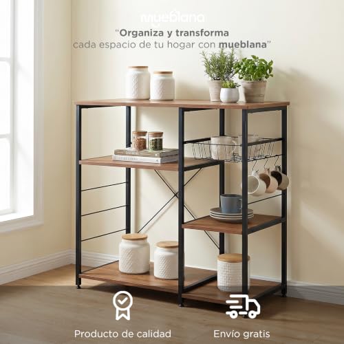MUEBLANA - Alacena organizador cocina – Con estantes, canastillas y colgadores – Acero y madera – Compacta, resistente al agua y fácil de armar – 90x40x85 cm – Capacidad 20kg por nivel