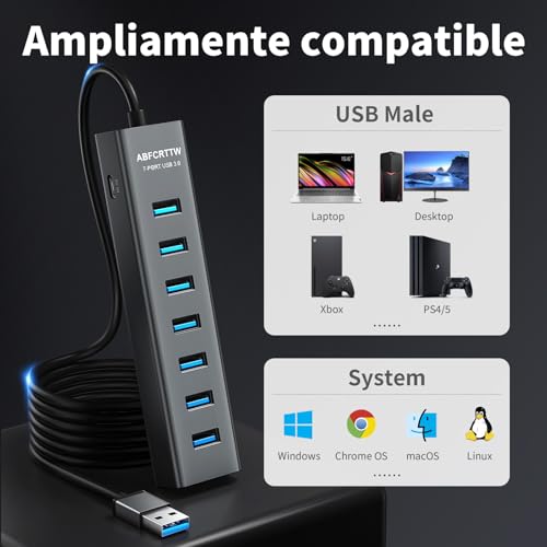 7 Ports USB 3.0 Hub with 180cm Cable for PC Computer, Aluminum USB Hub Multiport Adapter with USB 3.0 5Gbps, 5V 3A USB-C Powered for PC, Laptop, MacBook, Mouse, U-Disk, Keyboard