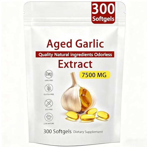 Aged Garlic Extract – 300 Count 7500mg Odorless Organic Garlic Supplement for Heart & Immune Support – Non-GMO, All-Natural Softgels, 2-Year Matured for Antioxidant Wellness (1)