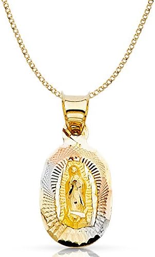 Ioka Jewelry - 14K Tri Color Gold Diamond Cut Our Lady of Guadalupe Stamp Religious Charm Pendant with 2mm Hollow Cuban Bevel Chain Necklace - 18"