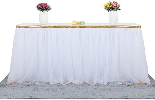Besutolife White Table Skirt Tulle Tutu Table Skirt with Gold Trim for Rectangle or Round Tables for Baby Shower Wedding Birthday Party Decorations 14 ft