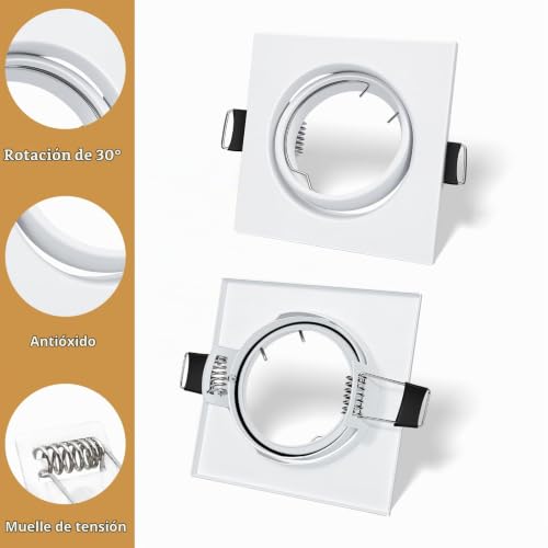 LteelDay 12 x LED Recessed Frames with GU10 Lampholders, Square White Matt in Metal, Cutout 68-80 mm, Rotatable 30°, Incl. GU10 Lamp Holder for LED or Halogen Bulbs