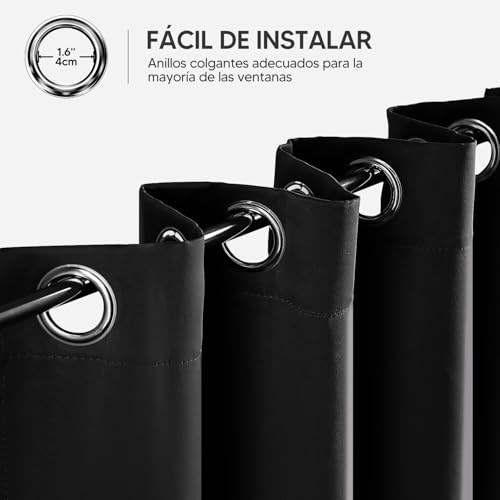 OSLIFE 2 Paneles Cortinas Blackout, Aislamiento Térmico para Sala/Recámara Ventana,Suave 100% Microfibra Poliéster Impermeable,Anillo de Sujeción,Reducción de Ruido,107 * 160cm,Negras