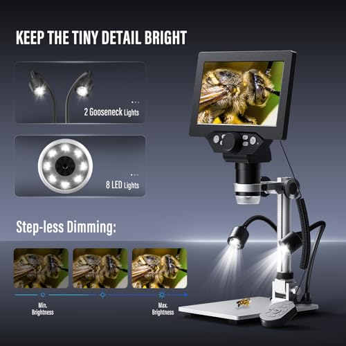Digital Microscope, Couleeur Height Swivel 1200X 1080P and LCD Microscope, Microscope with 7 Inch Display with 2 Adjustable Side Lights and 8 LED Balls for Electronic Repairs