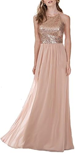 Butmoon Women's Chiffon and Sequin Long Bridesmaid Dresses Rose Gold US6
