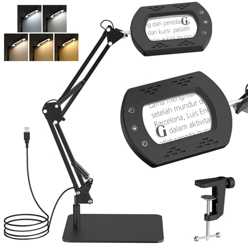 Moko 15 x 30 x Magnifying Glass with Light and Stand, Table Lamp with Clamp, Search with 5 Colour Modes, Continuous Adjustable LED Light, Table Magnifying Glass for Work, Black