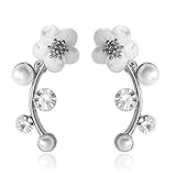 EAR VINES Silver Shell Pearl Flower Ear Vine Wrap Pin Sweep up Ear Cuffs Climber Earrings