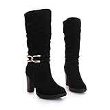 AmoonyFashion Womens Closed Round Toe High Heels PU Rubber Solid Boots with Chunky Heels and Platform