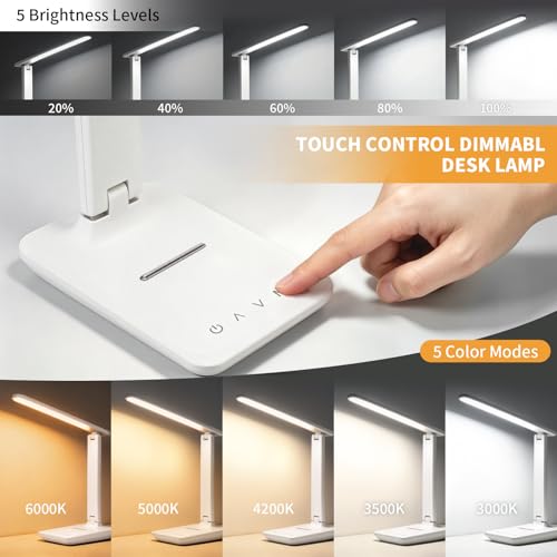 YAMYONE LED Desk Lamp with USB Port, Touch Control, Eye-Protection Light, 5 Color Modes and 5 Brightness Levels, Ideal for Bedroom, Study and Nightstand (White)