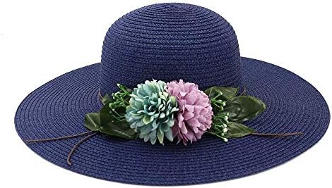 日よけ 新しい夏のファッションつば広二重麦わら帽子パナマ帽子レディースビーチバイザー折りたたみ帽子花太陽の帽子 おしゃれ 色 サイズ Navy クリアランスsale 期間限定 56 58cm Blue