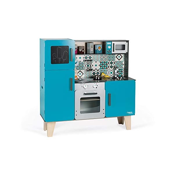 Janod - Wooden Play Kitchen Lagoon Maxi with Fridge and Microwave Oven - Pretend Play Toy Kitchen - 15 Accessories…