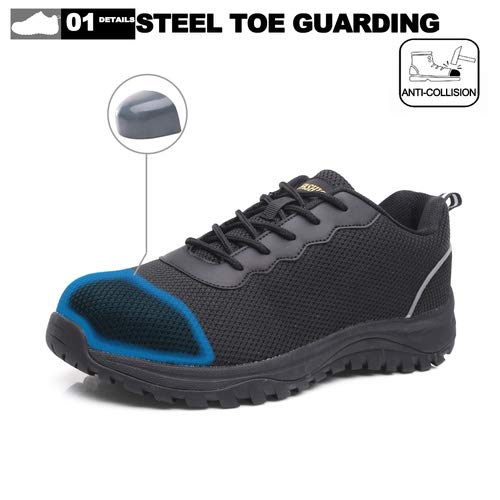 EXEBLUE Men\'s Safety Shoes Work Steel Toe Protective Shoes - Industrial & Construction Shoes Mesh Breathable Reflective Strip Black