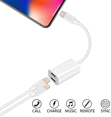 Dual Ports Adapter Splitter, 2 in 1 Headphone Jack Aux Audio & Charger Adapter Cable Connector Compactible for Ip7/ 7 Plus/ 8/Plus/X (Support Calling + Sync + Music Control + Charge)