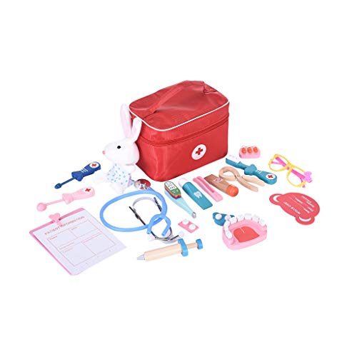 Kids Wooden Doctor Kit | Pretend Play Medical Doctor Set with Stethoscope and Wooden Dentist Tool Toys for Toddlers | Promotes Thinking Skills & Education Gift for Boys & Girls (Red)