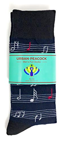 Urban Peacock Men's Novelty Fun Crew Socks for Dress or Casual (Music Sheet - Navy with Black Heel & Toe, and White, Red & Blue Notes)