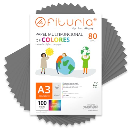 OFITURIA Buntes Papier, 100 Blatt A3 80g – Farbiges Papier für Basteln, Drucker, Scrapbooking – Farbbögen (Grau, 100 Blatt)